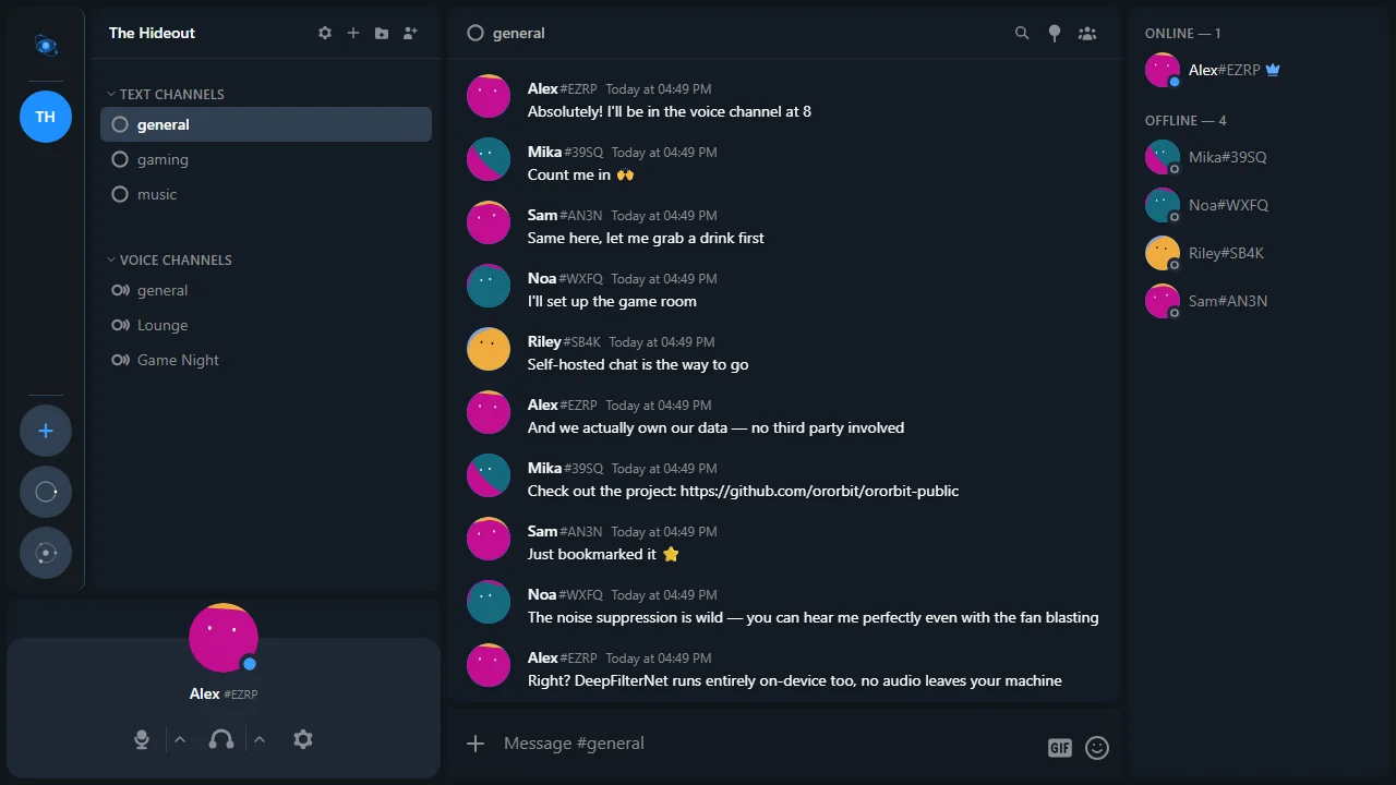 OrOrbit chat interface — channel sidebar, message list with a real conversation, and member roster